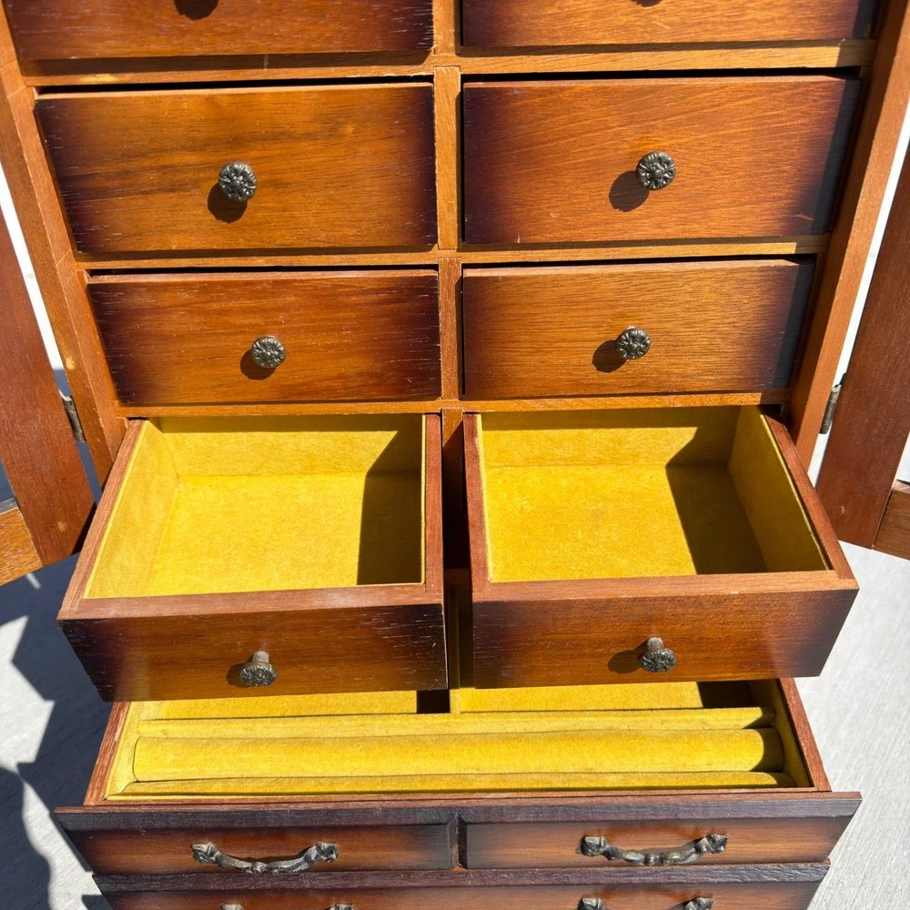 Vintage Made in Japan Wood Jewelry Armoire Spindle Door Tabletop Chest 11 Drawer